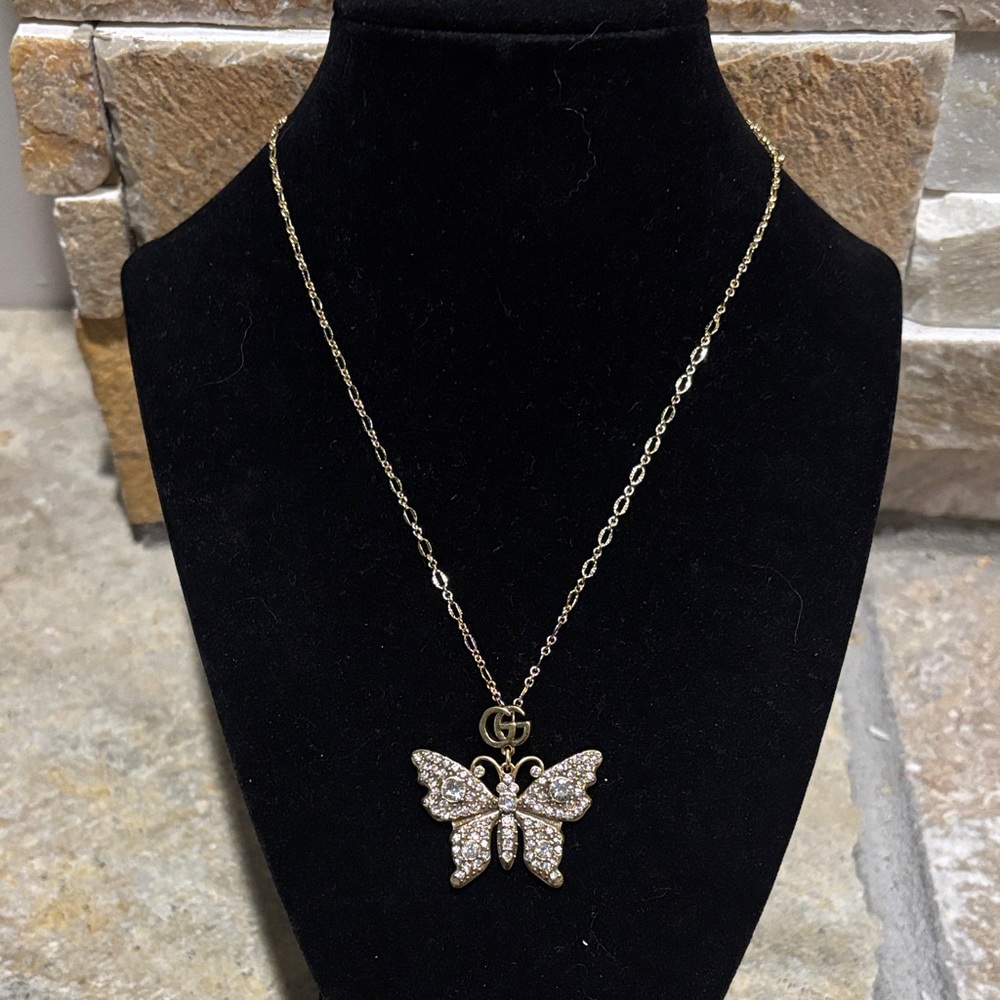 Gold & Crystal Butterfly Pendant Necklace